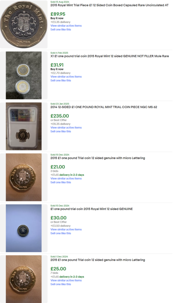 Sold eBay Listing for 12-sided £1 Trial Coins