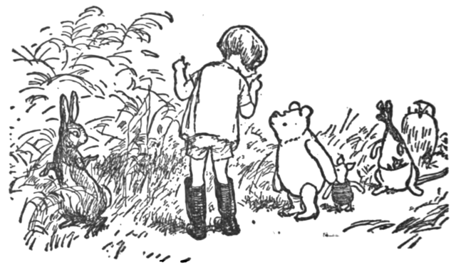 Illustration by Ernest Howard Shepard from Winnie-the-Pooh (1926), by A A Milne. 
Showing Rabbit, Christopher Robin, Winnie the Pooh, Kanga and Roo, Piglet, and Owl all walking in a line in tall grass.