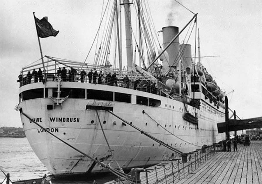 The HMT Empire Windrush docked in London
Credit: BBC
