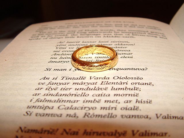 'The One Ring' on a page from The Lord of the Rings, part I The Fellowship of the Ring.