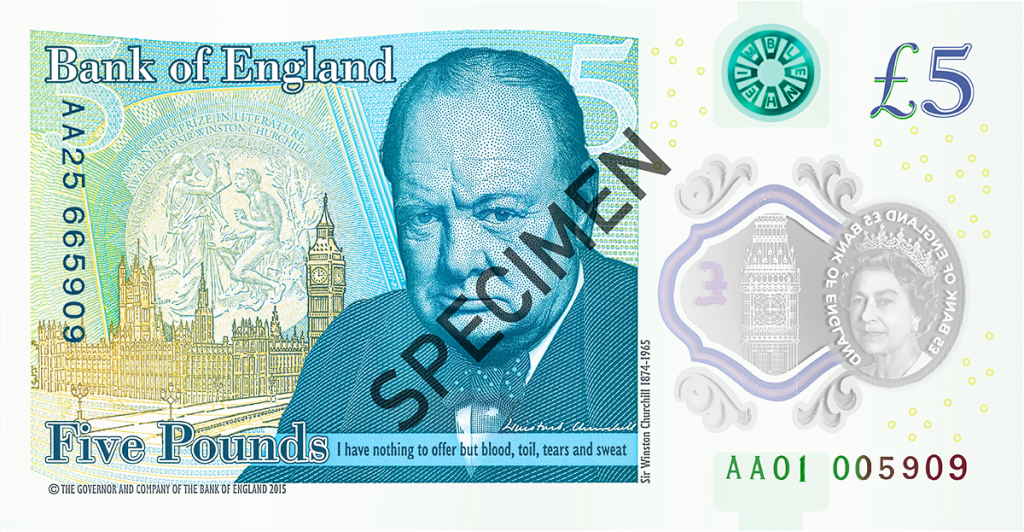 Polymer £5 Banknote with AA01 serial number (for illustrative purposes only)