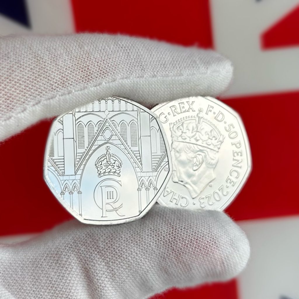 2023 Coronation 50p reverse and crowned obverse