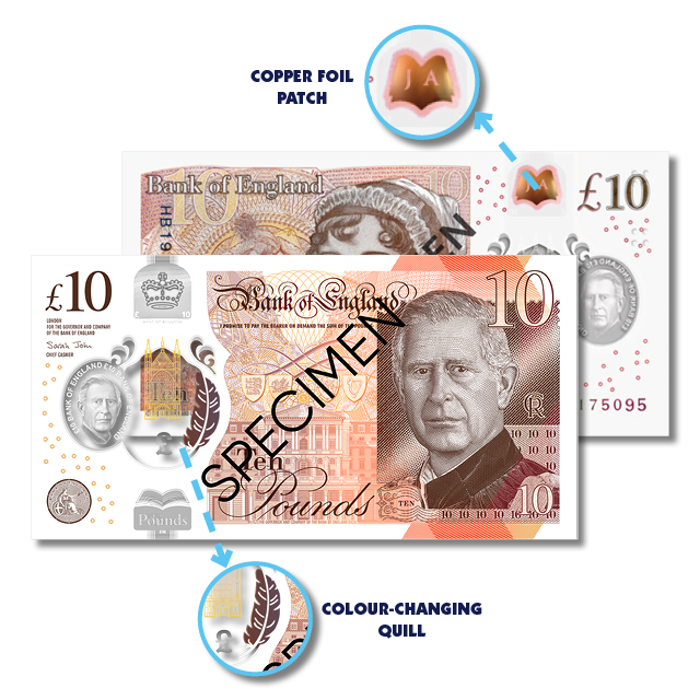 King Charles III £10 Note with security features
