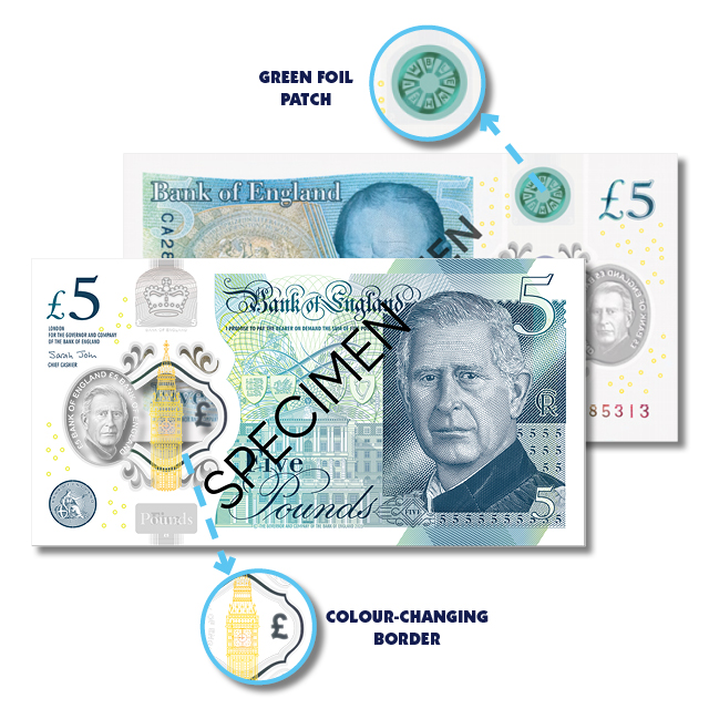 King Charles III £5 Note with security features