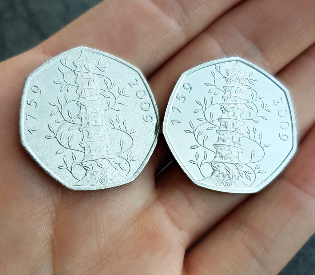2009 Circulation Kew Gardens 50p and 2019 Brilliant Uncirculated Kew Gardens 50p