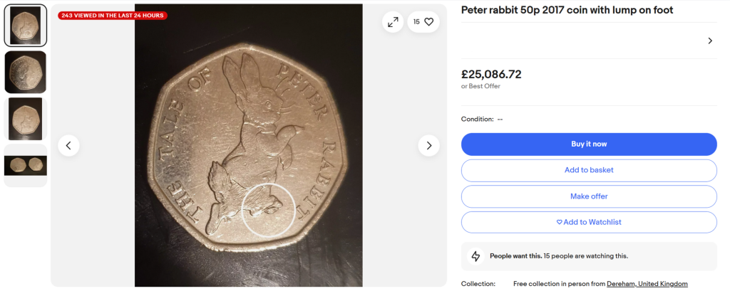 Screenshot of the eBay listing for the 'error' coin