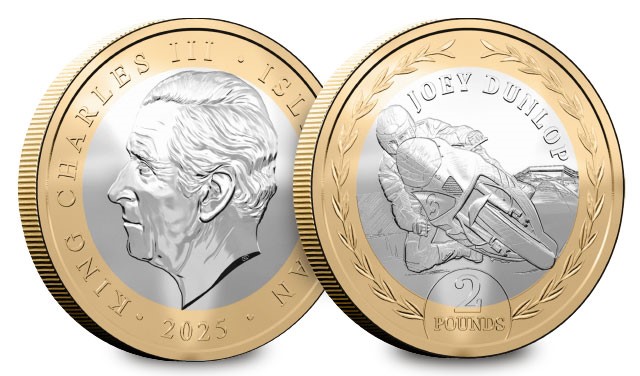 Obverse and reverse of the 2025 Isle of Man TT £2