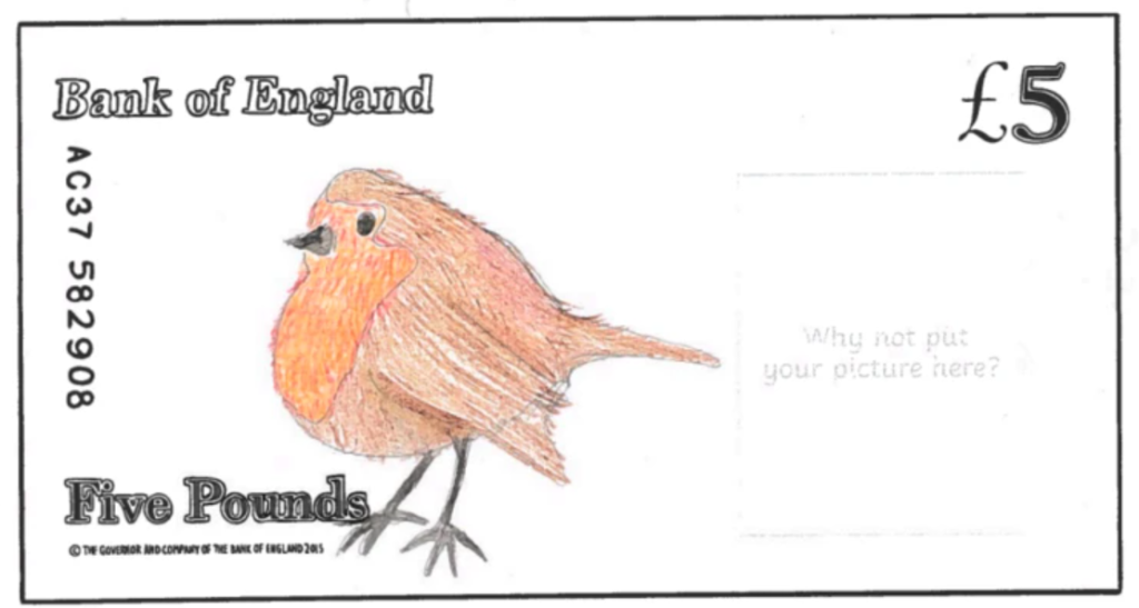 A banknote design featuring a robin